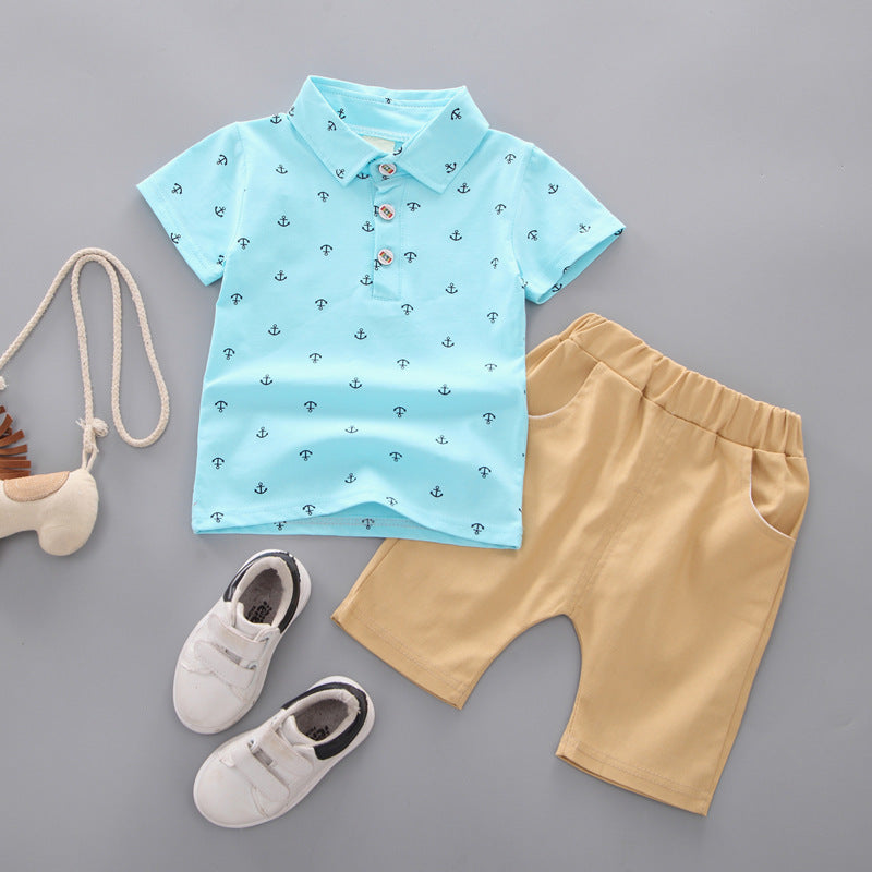 kidspolo shirtsuit0-5 years old boys all-print lapel short-sleeved t-shirt shorts 2-piece set wholesale cotton