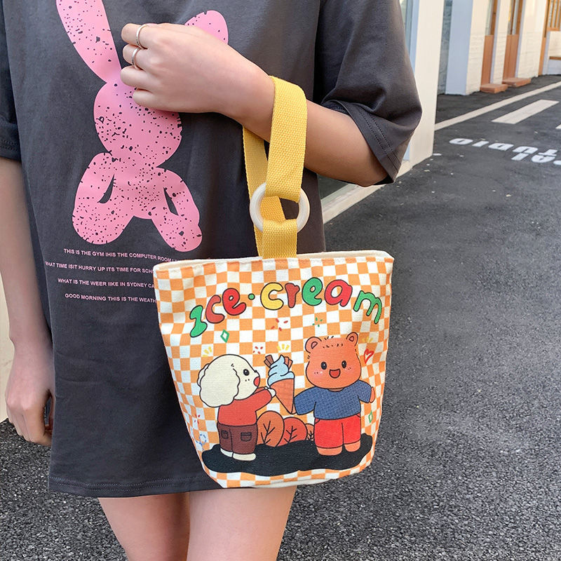 Cute cartoon canvas tote bag for women, 2024 new style handheld bucket bag, large capacity lunch bag, fashionable cloth handbag