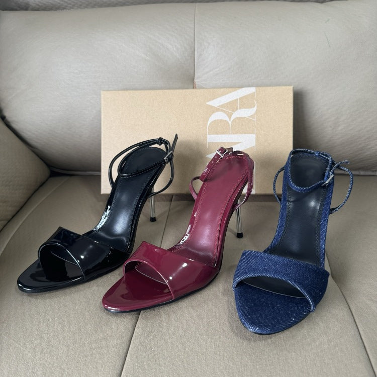Spain 2025 summer new one-strap peep-toe hollow-out sandals, denim pointed-toe stiletto heels with metallic finish