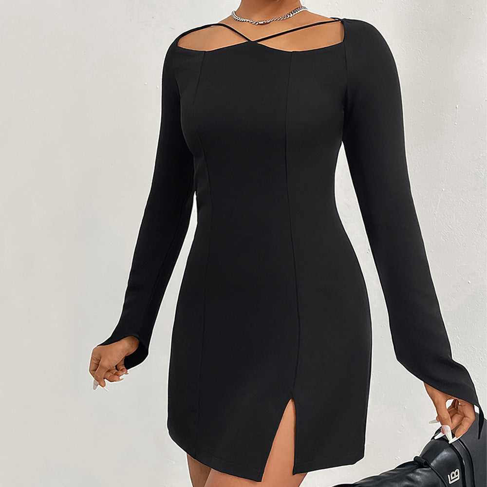 European and American  women's clothing sexy style V-neck long-sleeved dress autumn new hollow pullover solid color one-step short skirt