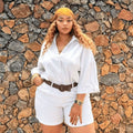 african women's clothing  summer new collection: casual solid color loose plus size blouse and high-waisted shorts fashion set