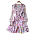 French romantic v-neck floral dress - women's spring/autumn korean style long sleeve high waist tie-waist slimming a-line dress