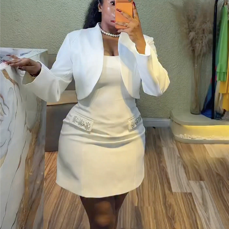 European and american cross-border women's fashion:  spring new arrival - elegant and chic blazer & slim-fit mini dress two-piece set