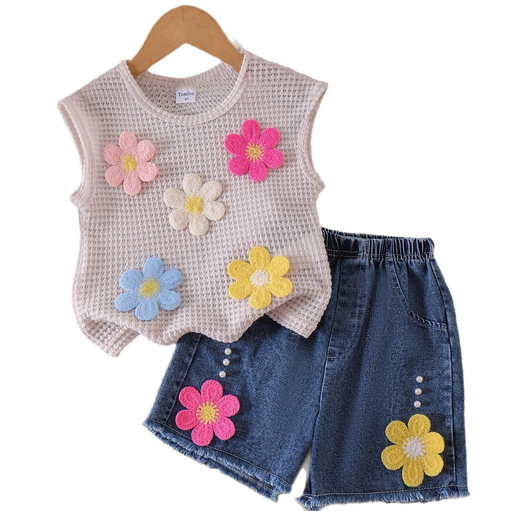 Baby clothing kids set children outfit apricot vest + blue shorts