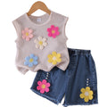Baby clothing kids set children outfit apricot vest + blue shorts