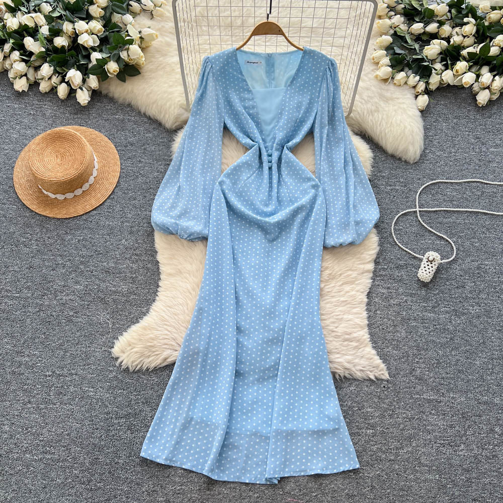 French chic v-neck patchwork lantern sleeve printed dress - slim fit, elegant, long mermaid skirt