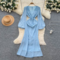 French chic v-neck patchwork lantern sleeve printed dress - slim fit, elegant, long mermaid skirt
