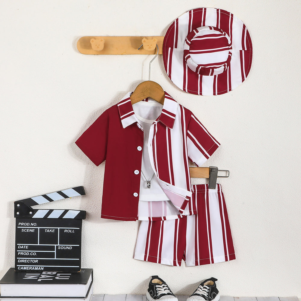 New summer collection: baby & toddler boy's striped color block top + shorts + hat three-piece set - european & american style, cross-border kids' outfit