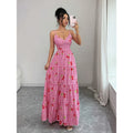 Women's summer new fashion elegant plaid bow tie cinched waist tiered maxi slip dress