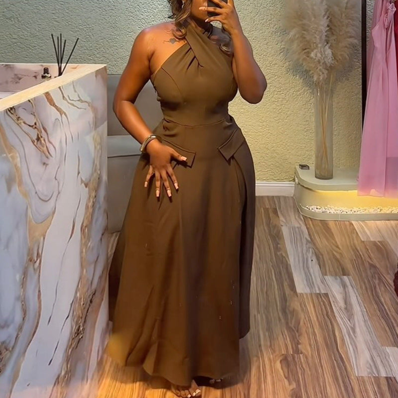 European and american cross-border women's fashion  summer new arrival: elegant and sexy halter neck slim-fit high-waisted sleeveless maxi dress