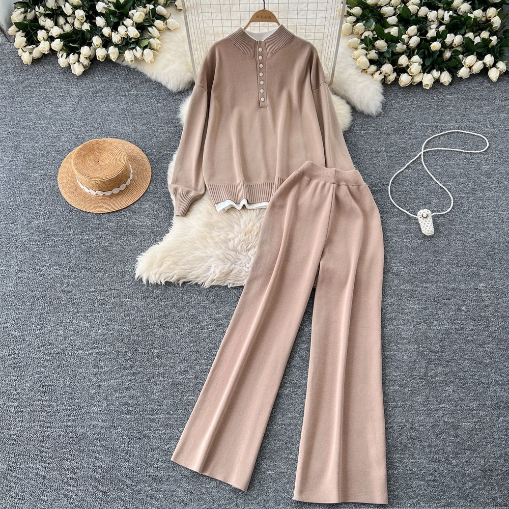 Gentle style two-piece set women's easiest for match stand collar single breasted cardigan pullover knitting shirt sweatercasualloose pants pants