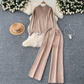 Gentle style two-piece set women's easiest for match stand collar single breasted cardigan pullover knitting shirt sweatercasualloose pants pants