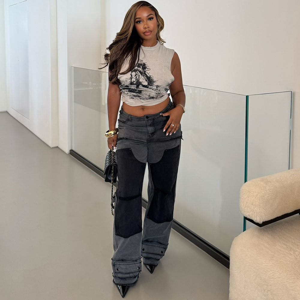 European and american style women's casual jeans - new  cross-border women's streetwear fashion patchwork multi-pocket jeans