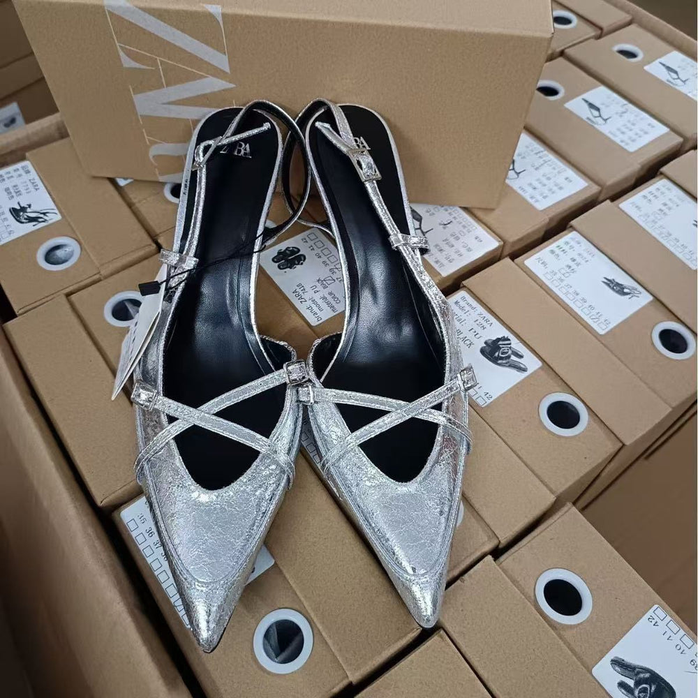 Za2024autum new women's shoes crimson cross buckle strap pointed toe high heel sandals british style mules shoes