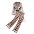 Xiaoxiangfengtwo-piece setautum women's houndstooth gridslong sleevessweatercardiganoutwearhigh waistdrapedcasualpants