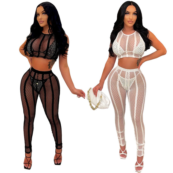 K10088 European and American fashion women's clothing   popular hot diamond bikini hollow short-sleeved mesh pants set