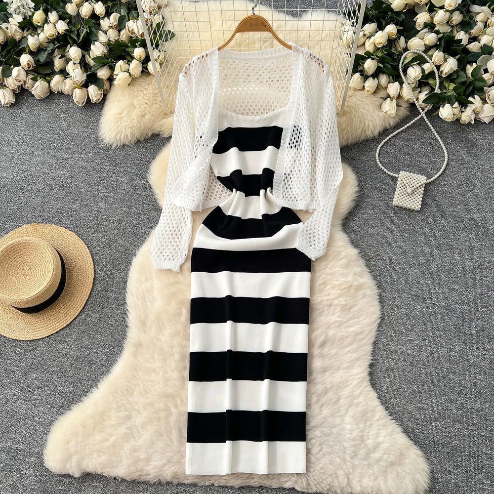 Striped knit cami dress + crochet openwork sun protection cardigan set - chic & elegant summer outfit for women