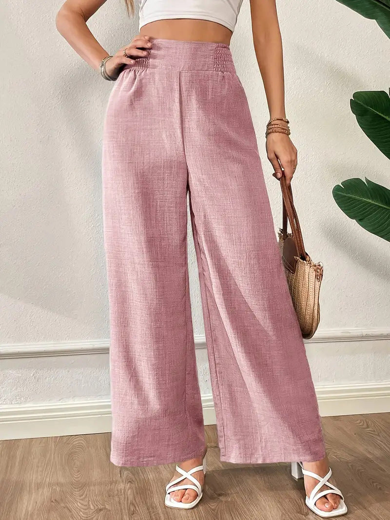european and american cross-border  spring/summer new women's solid color shirred patchwork high-waisted slimming wide-leg pants