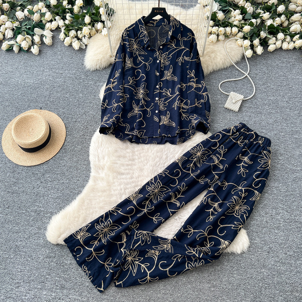 Light mature style leaf embroidercardiganloose pantstwo-piece set for women autumslimming lookeasiest for matchwork clothing stylesuit