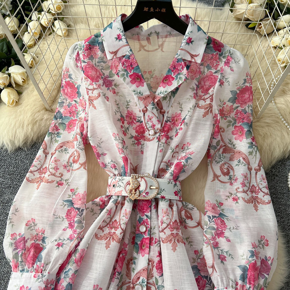 European and american style high-end blazer collar tie-waist printed dress - women's elegant french-inspired formal mini dress