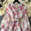 European and american style high-end blazer collar tie-waist printed dress - women's elegant french-inspired formal mini dress