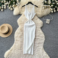 Korean style sleeveless white a-line dress for women - summer lace see-through high waist slimming slit maxi dress