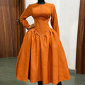European and american cross-border women's fashion:  autumn/winter new arrival - elegant round neck, long sleeve, high-waisted tie-waist a-line dress
