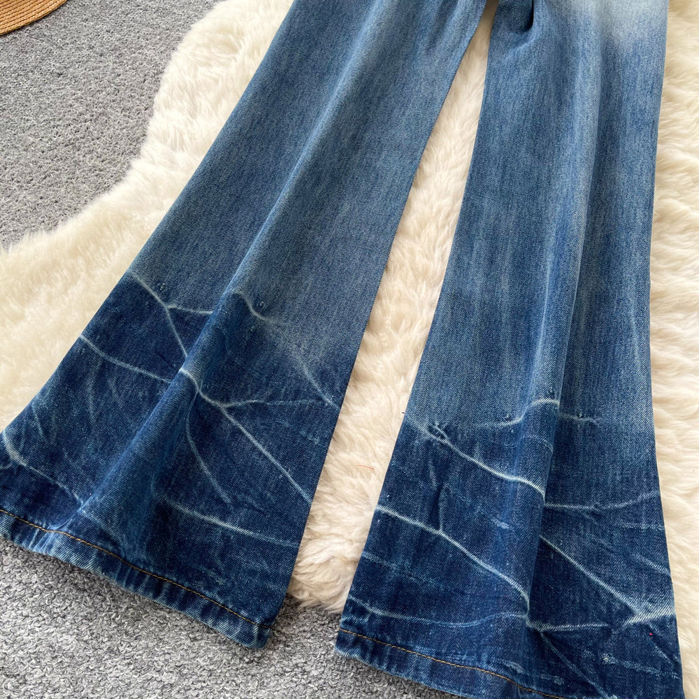 American retro high-waisted wide-leg jeans for women,  summer collection: loose fit, slimming, slightly flared, unique design