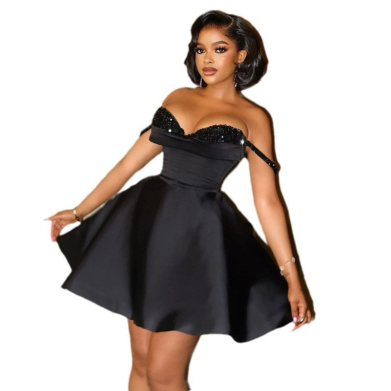 European and american women's clothing  summer new arrival: elegant sequin-embellished bandeau cami evening gown mini dress