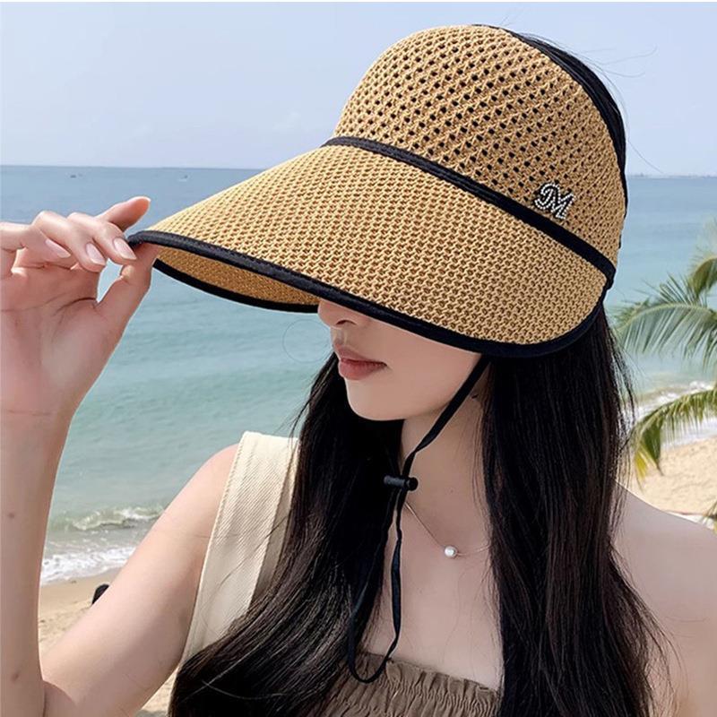 Summer new big brim, small face can be tied ponytail sun hat, face covering sun hat, straw woven hollow hat