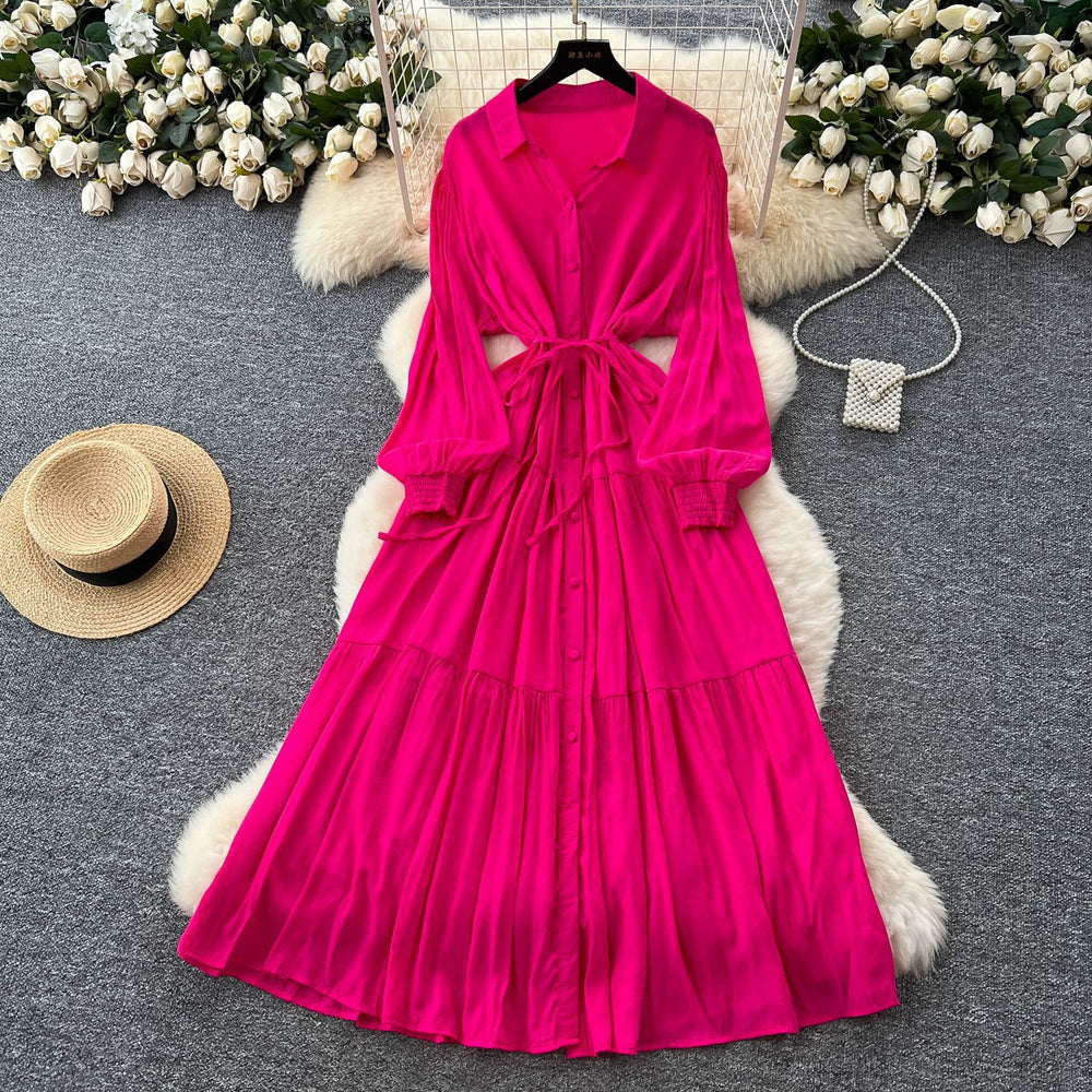 Luxury french style polo neck lantern sleeve shirt dress - women's summer tie-waist maxi dress - ethereal & stunning elegant long dress