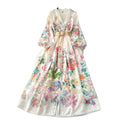 French court style women's sweet lace trim v-neck button-down slim fit long printed dress with unique design
