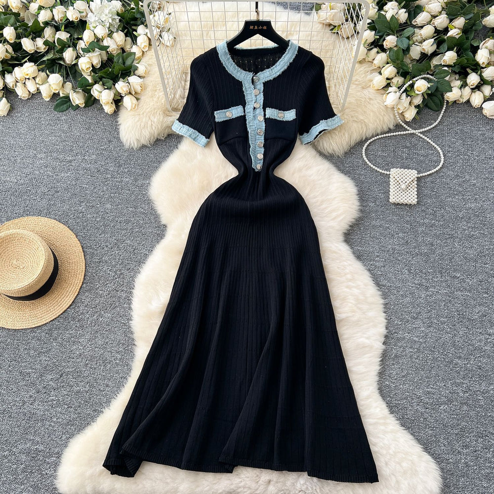 cross-border fashionfall and winternew arrivalfashion round neck denim patchworkknittinglong sleevesdress a-line skirt for women