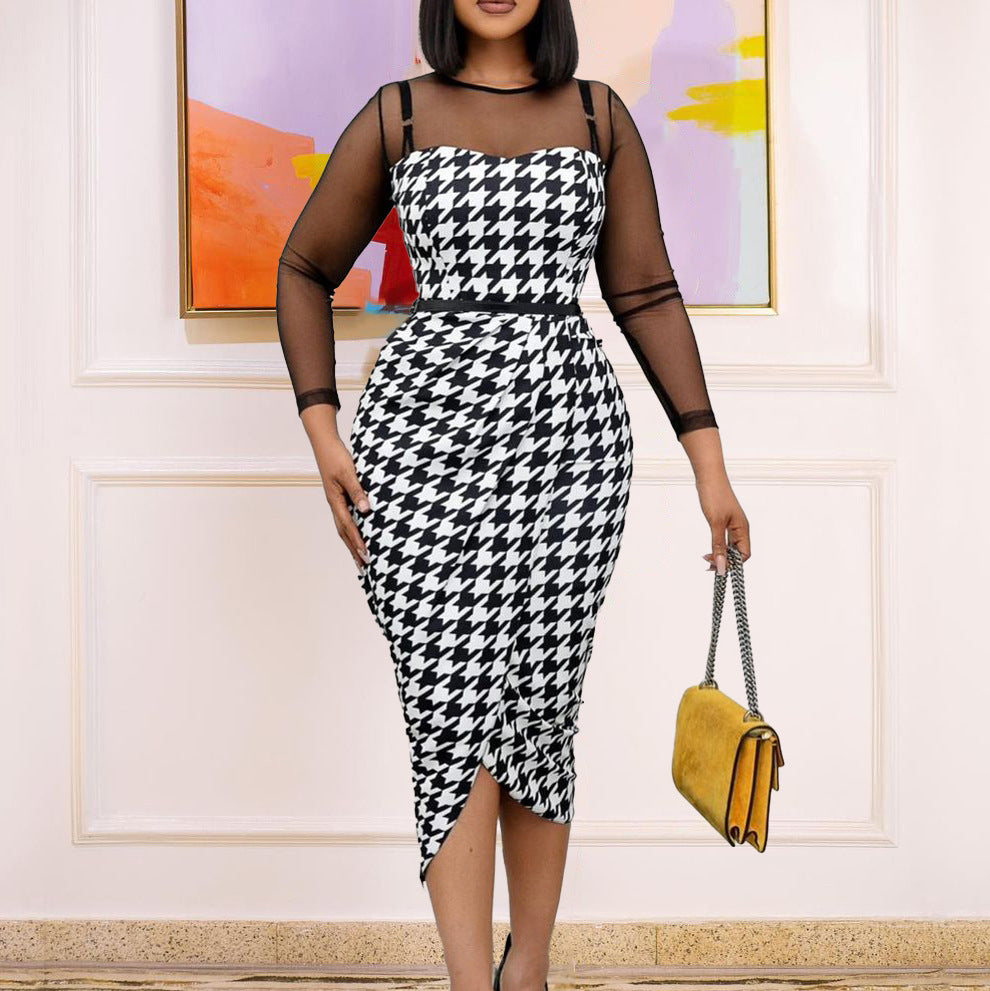 D223: plus size fashionable printed patchwork mesh office dress with belt - european & american style, perfect for cross-border e-commerce