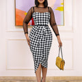 D223: plus size fashionable printed patchwork mesh office dress with belt - european & american style, perfect for cross-border e-commerce