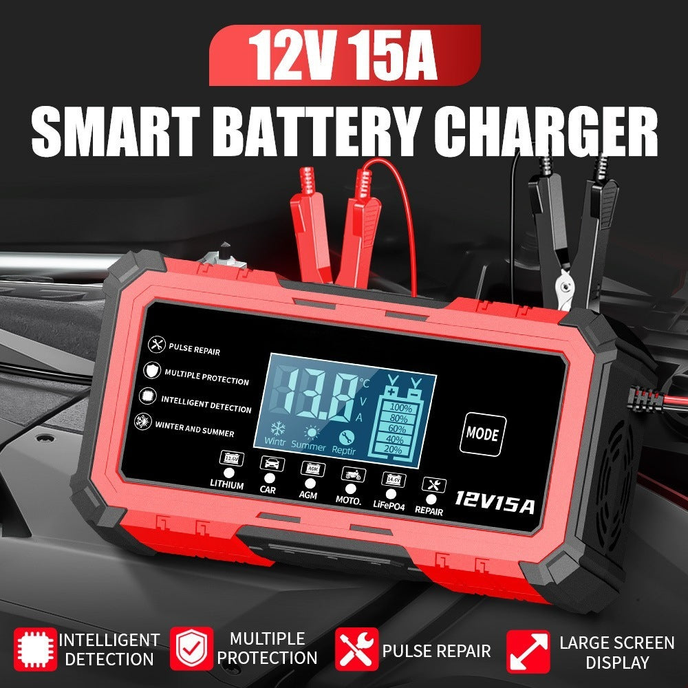 12v 15a smart battery charger for motorcycle, car, and lead-acid/lithium-ion batteries