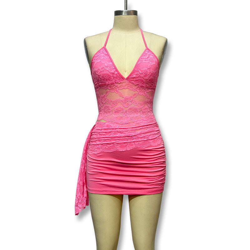 Sexy see-through camisole cut outlacepatchwork hip-covering short skirt new arrivalfashion style women's suit
