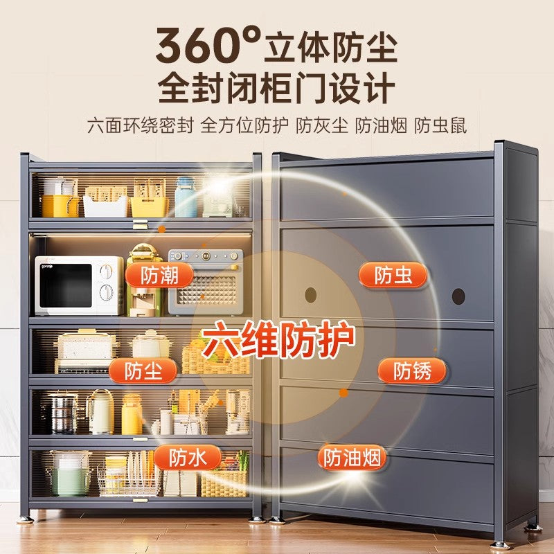 Multifunctional kitchen storage rack with cabinet doors, floor-standing, multi-tier, dustproof storage cabinet for microwave, pots, pans, and bowls