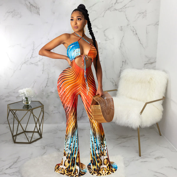 2021  Europe and the United States  women's clothing, printed vest suspender jumpsuit women's casual pants