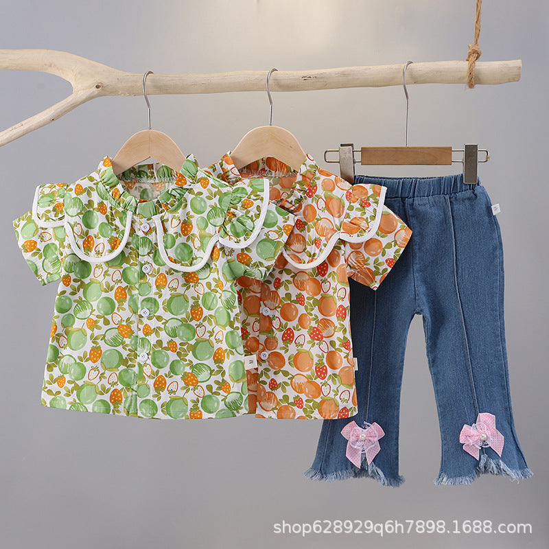 Floral print short-sleeve summer outfit for girls (0-4 years) - includes blouse with shoulder ruffles and denim pants