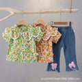 Floral print short-sleeve summer outfit for girls (0-4 years) - includes blouse with shoulder ruffles and denim pants