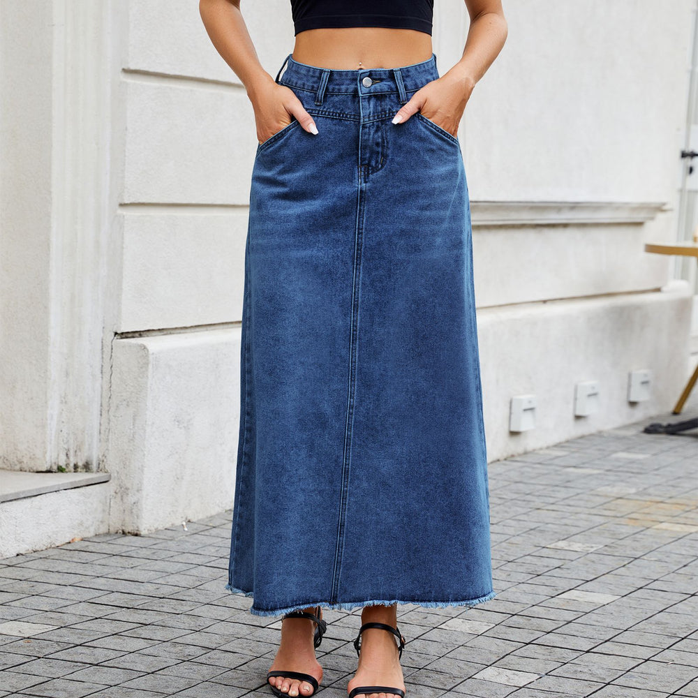 fashion spring/summer new arrivals: high-waisted denim skirt for women - trendy, loose fit, pocket detail, midi length - perfect for