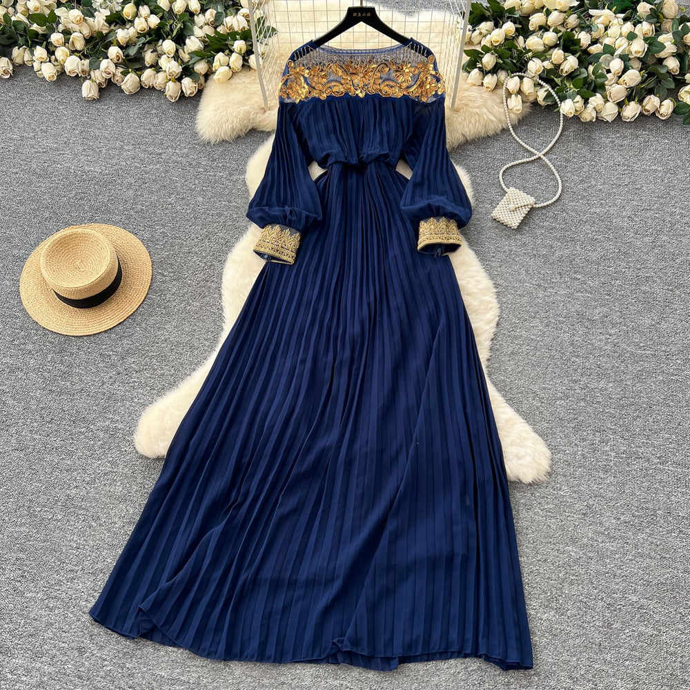 French chic high-end sequin & beaded mesh panel long sleeve bodycon dress - slimming, elegant, and flattering maxi dress for women