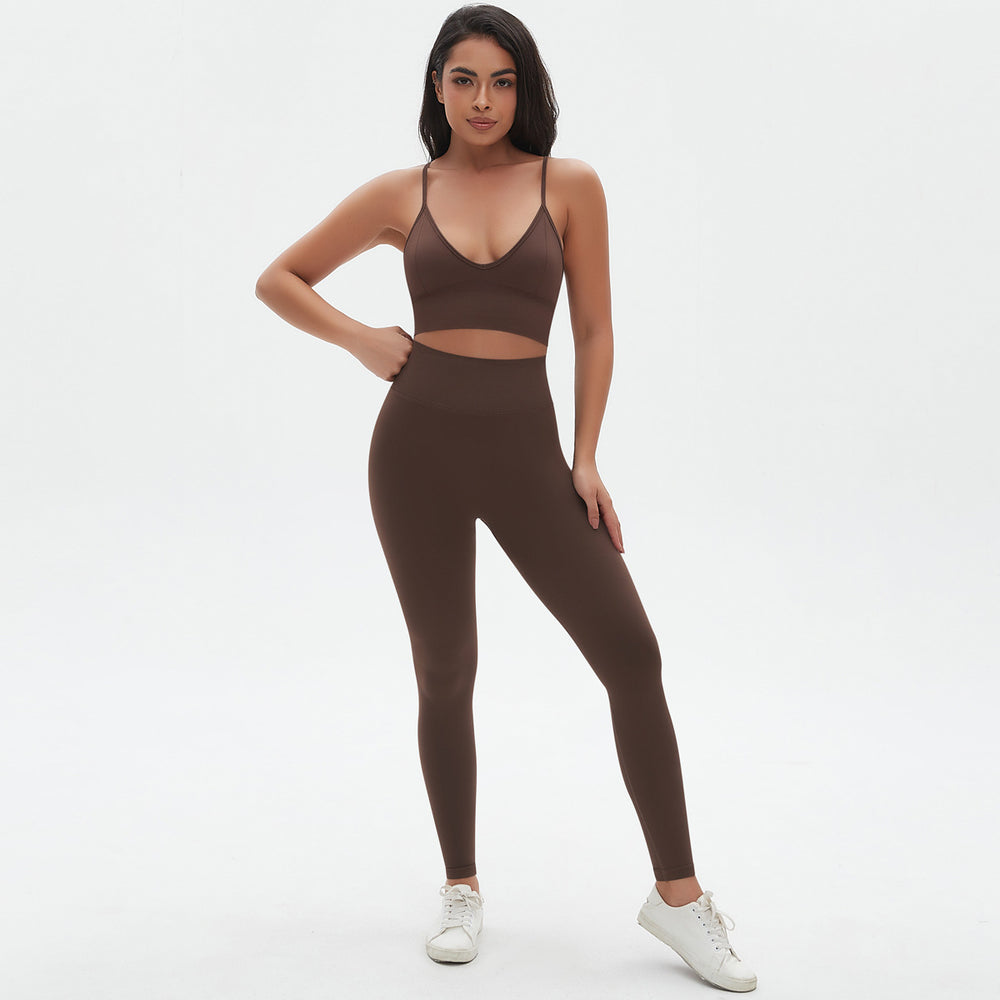 New arrival cross-border seamless pure color tight sexy sling beautiful back yoga suit sports running fitness two-piece set