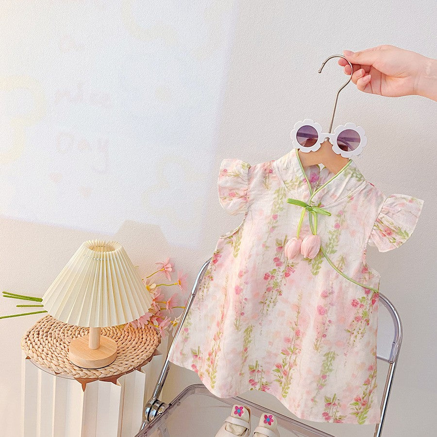 Summer lightweight chic girls' dress - floral cheongsam princess dress for baby girls - perfect for summer and first birthday celebrations