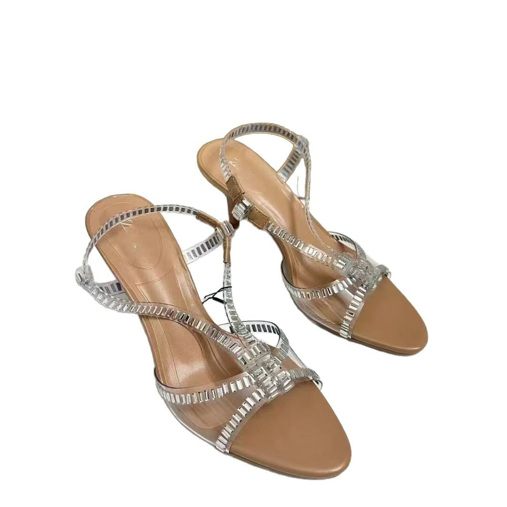 Silver open-toe rhinestone clear wine glass heel roman sandals - women's sexy fairy wind crystal high heels - niche design
