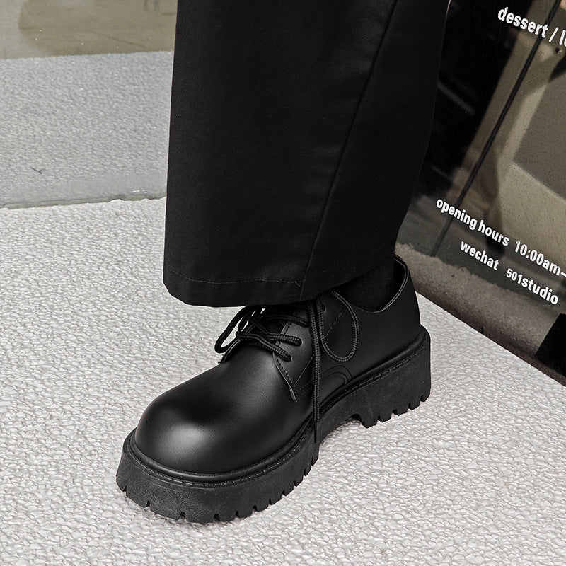 Men's leather dress shoes: spring casual retro chunky platform derby shoes, british style black wide fit trendy shoes