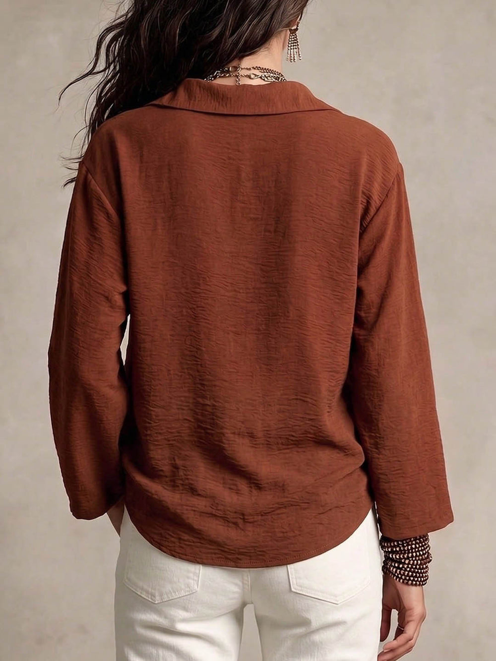 Women's relaxed fit top - brick red v-neck cardigan with drapey, pleated fabric and long sleeves - wholesale