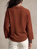 Women's relaxed fit top - brick red v-neck cardigan with drapey, pleated fabric and long sleeves - wholesale