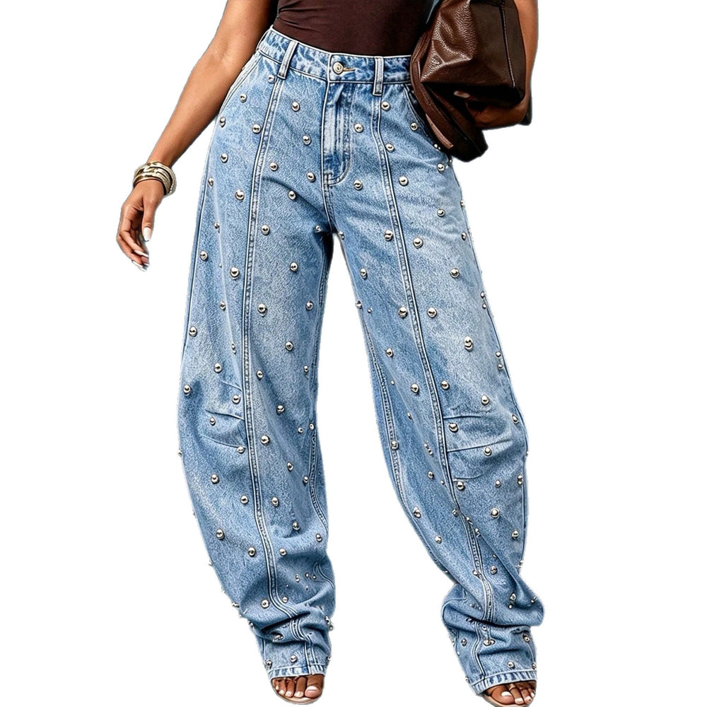 European and american style women's washed denim jeans with metal rivet embellishments, high waist, split seam detail, relaxed fit, and wide leg design